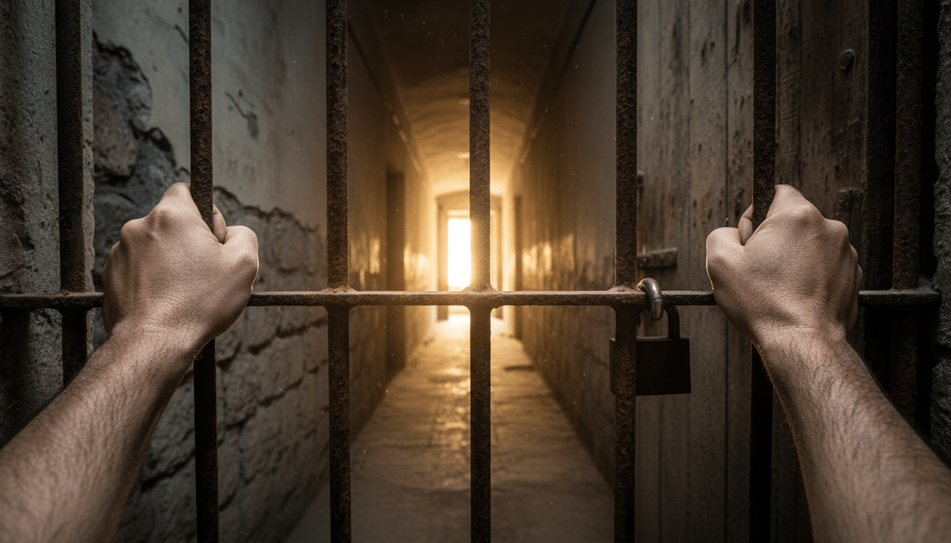 Mains agrippant une porte verrouillée dans un couloir hospitalier