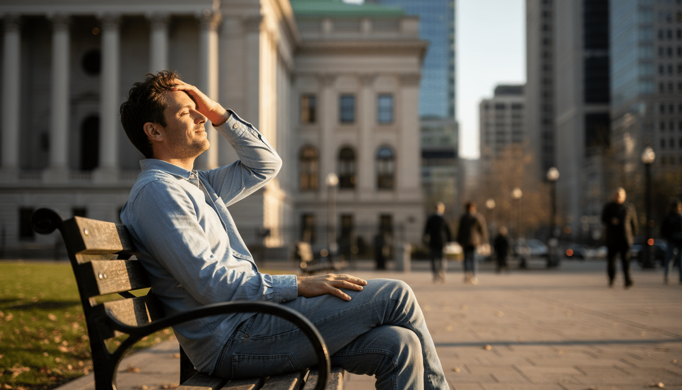 Homme libéré assis devant un tribunal au soleil