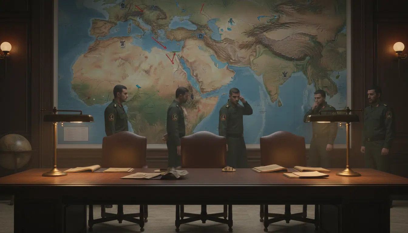 Salle de commandement militaire iranien avec chaises vides