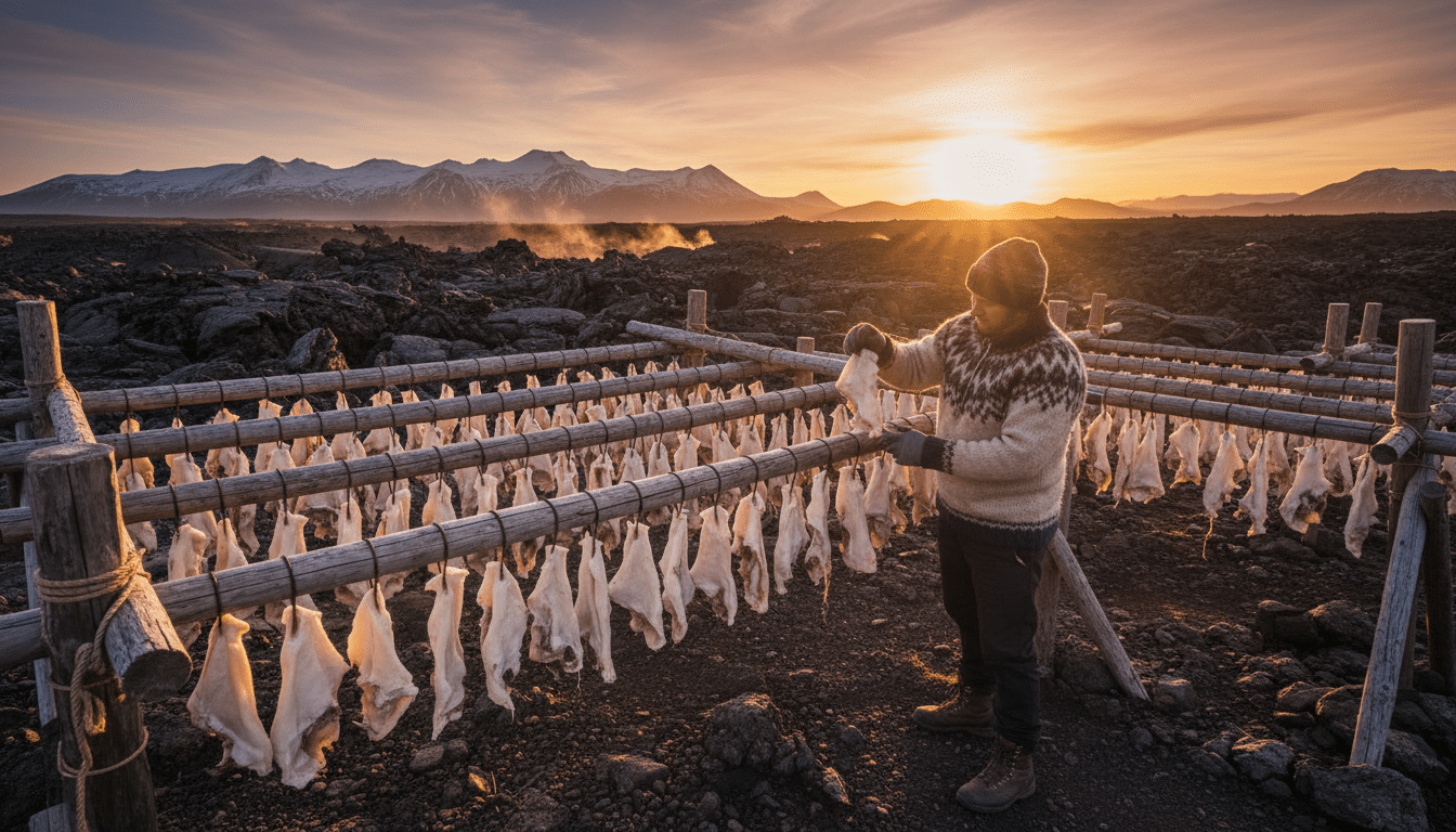 Préparation traditionnelle du hákarl en Islande
