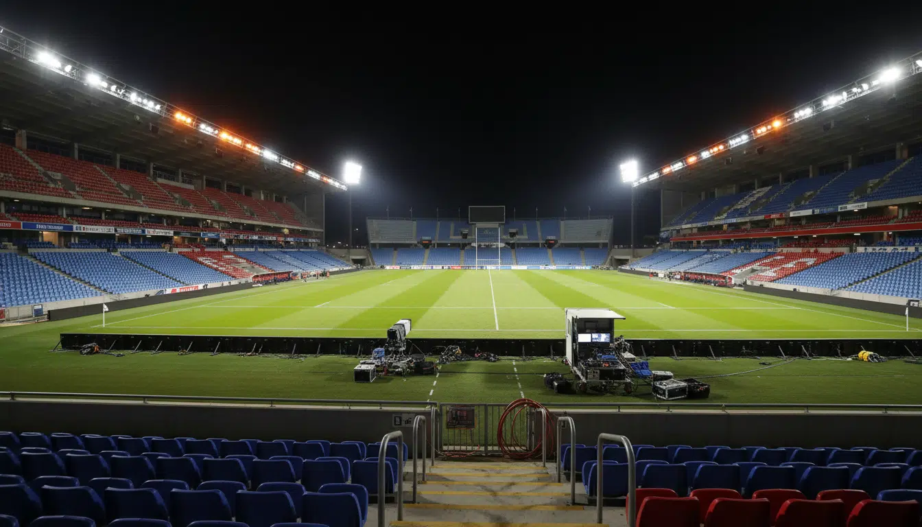 Stade de rugby français éclairé pour une diffusion télévisée en soirée sur TF1