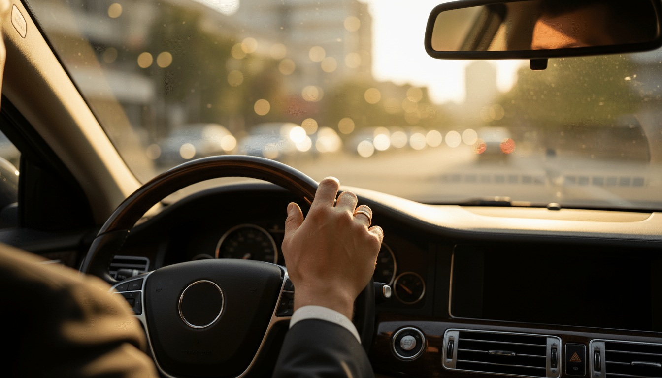 Mains d'un chauffeur sur un volant en lumière chaude