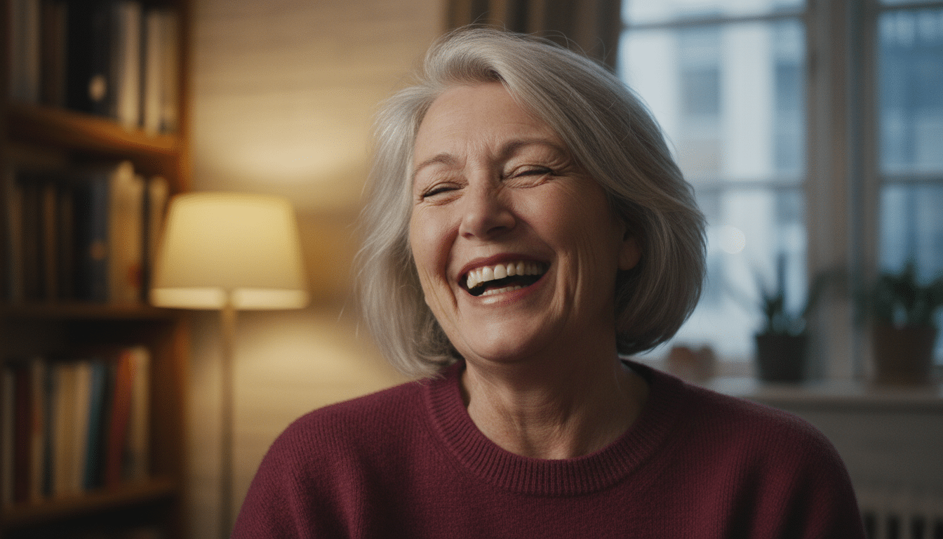 Femme riant avec authenticité en intérieur lumineux