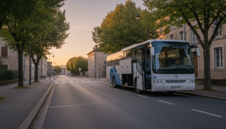 Route départementale à Moirans avec un car et sa soute ouverte