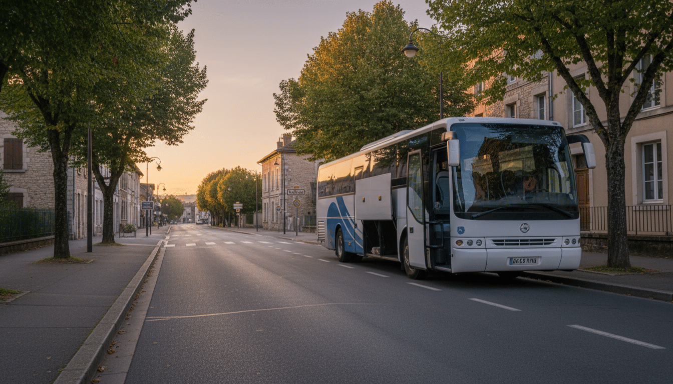 Route départementale à Moirans avec un car et sa soute ouverte
