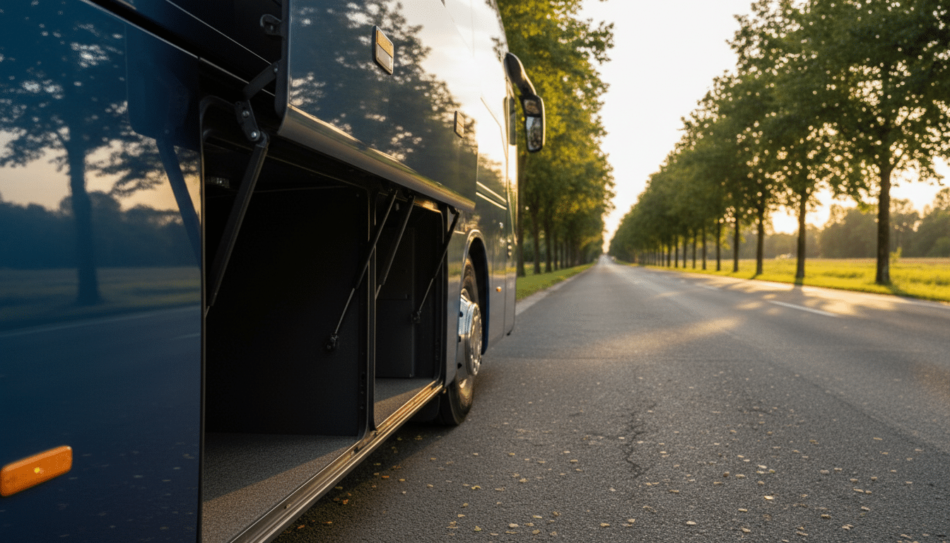 Porte de soute ouverte dépassant de la carrosserie d'un autocar