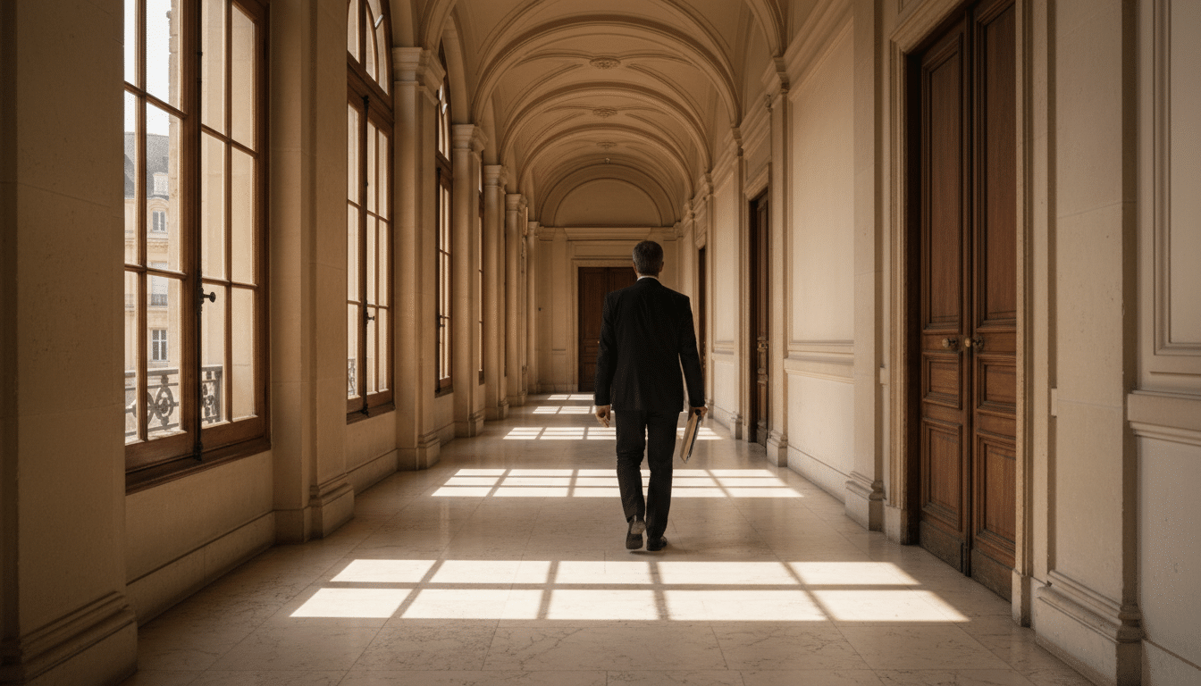 Couloir de tribunal où un père se rend pour porter plainte