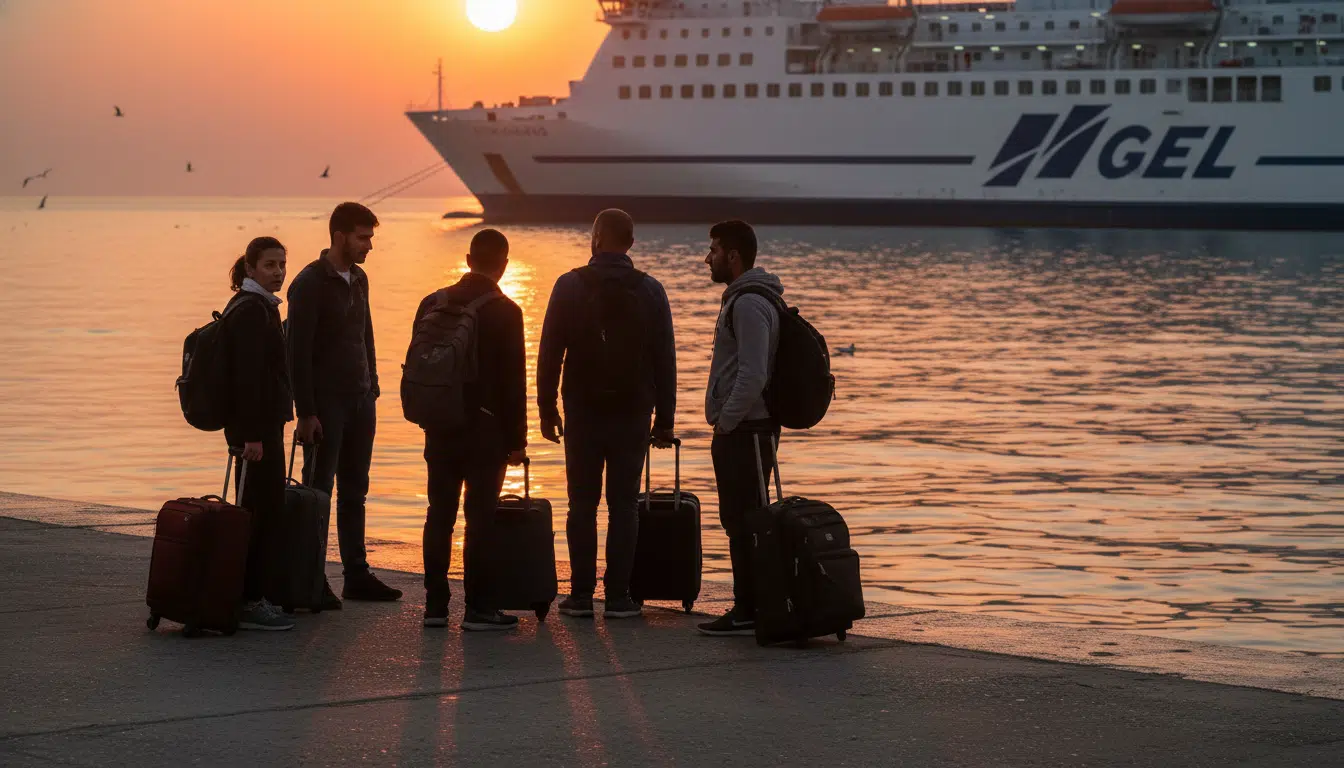 Migrants avec valises dans un port italien au coucher du soleil