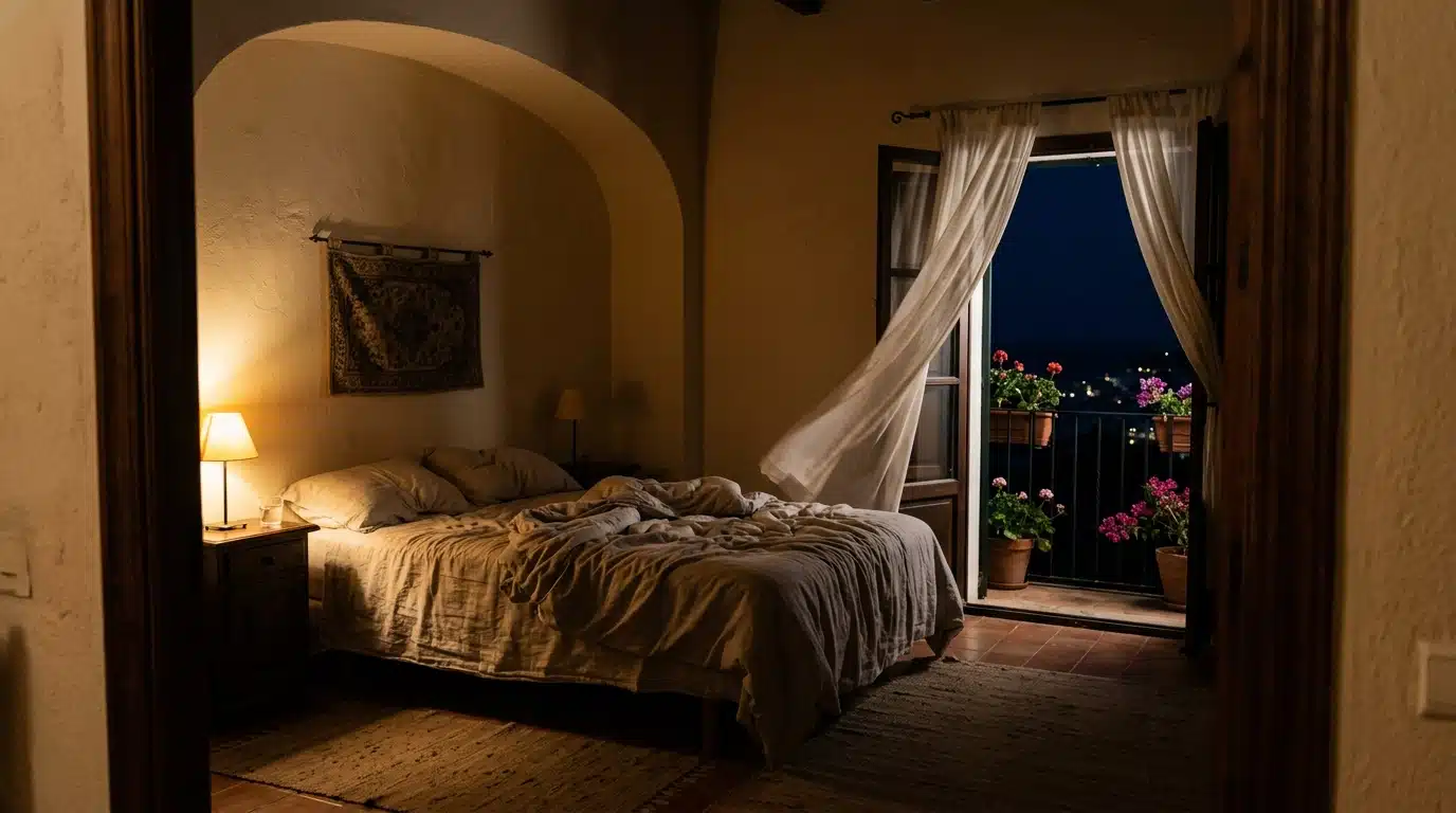 Chambre vide avec porte de balcon ouverte la nuit