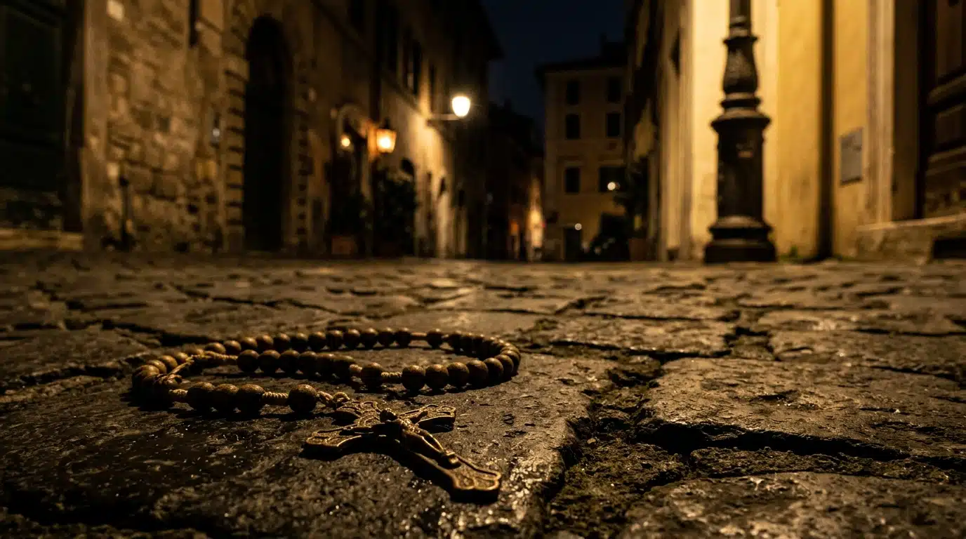 Chapelet posé au sol éclairé par un réverbère