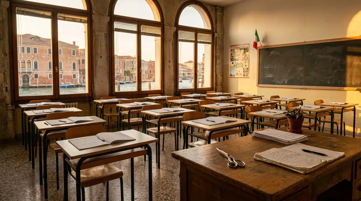 Salle de classe italienne avec des ciseaux sur le bureau