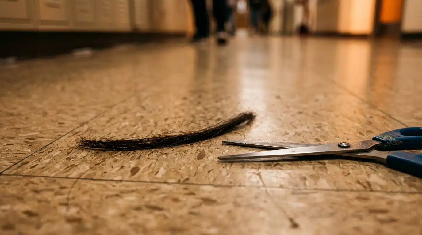 Mèche de cheveux coupée sur le sol d'une école