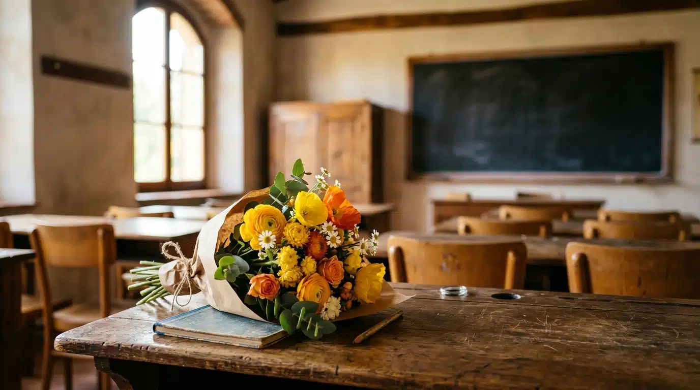 Bouquet de fleurs posé sur un bureau de classe