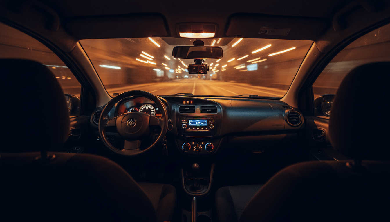Intérieur de voiture avec dashcam activée la nuit