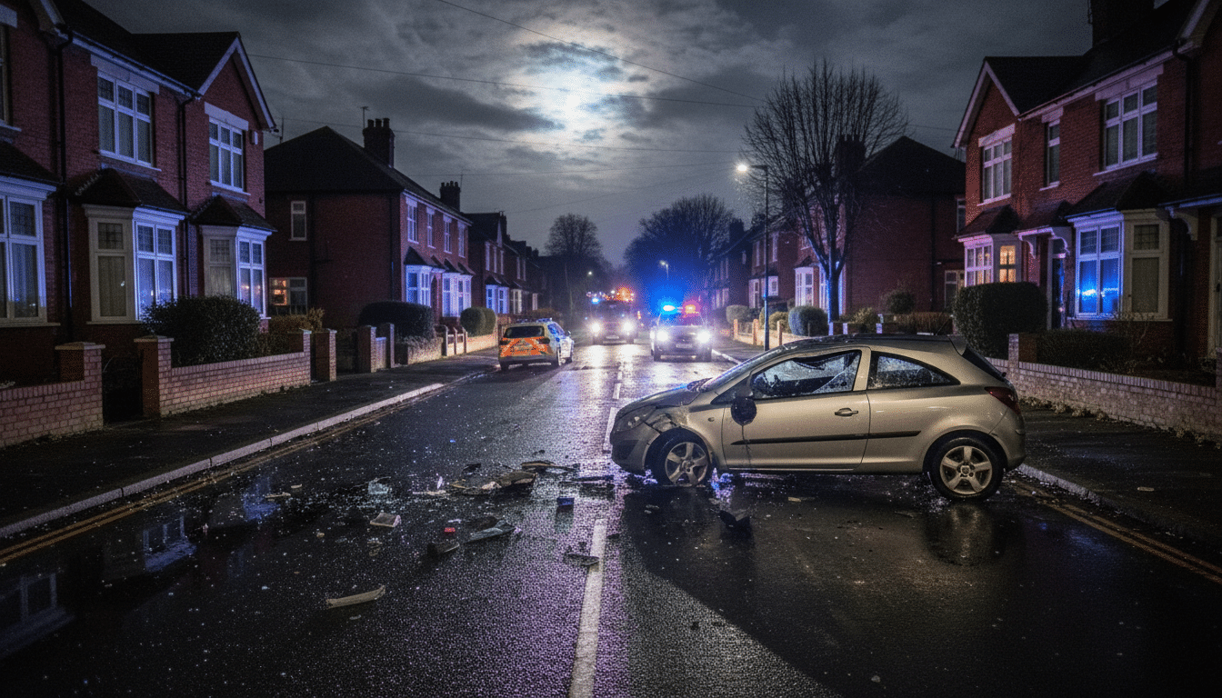 Voiture retournée sur une route résidentielle anglaise