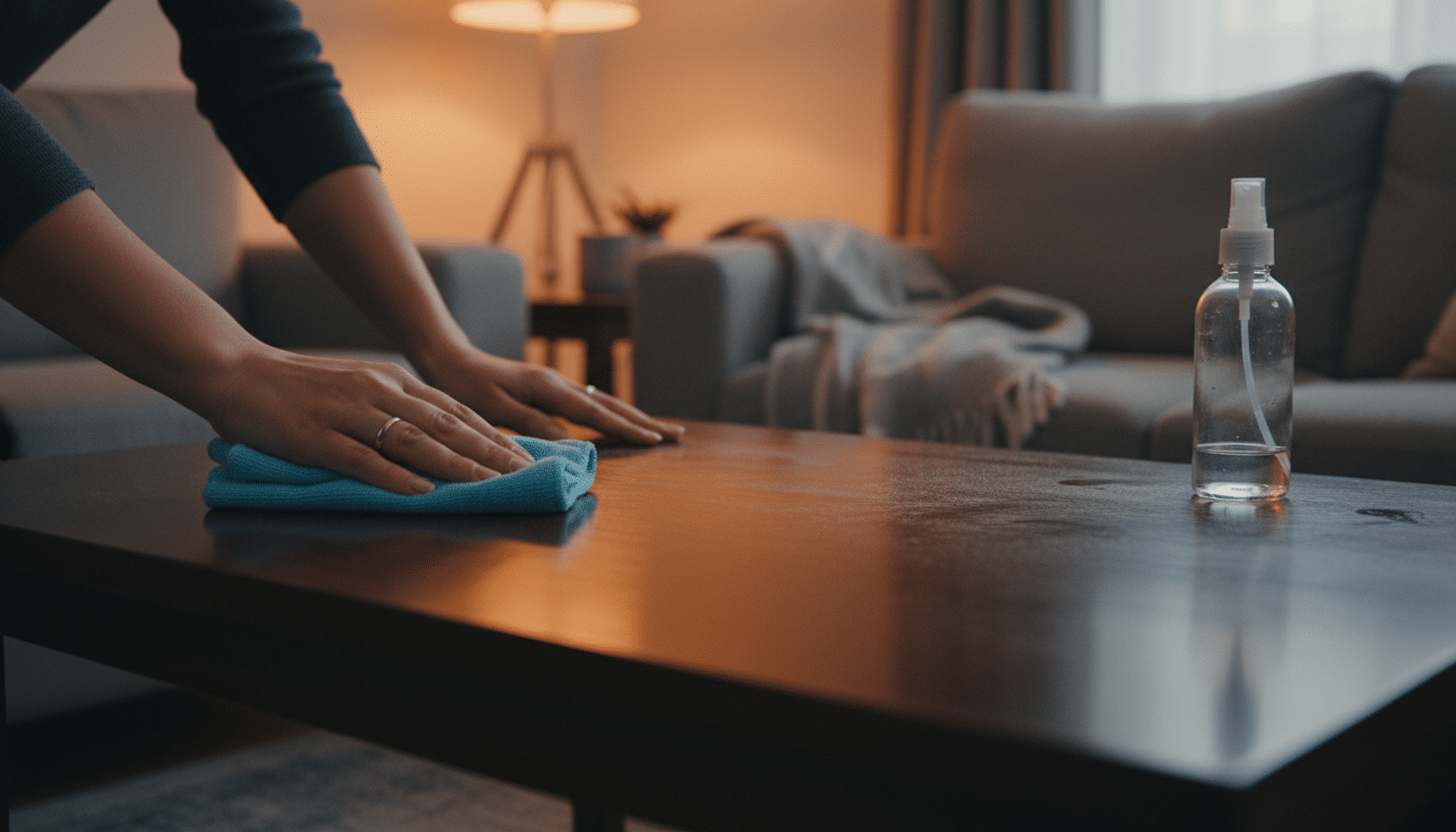 Nettoyage d'une table basse avec une microfibre humide