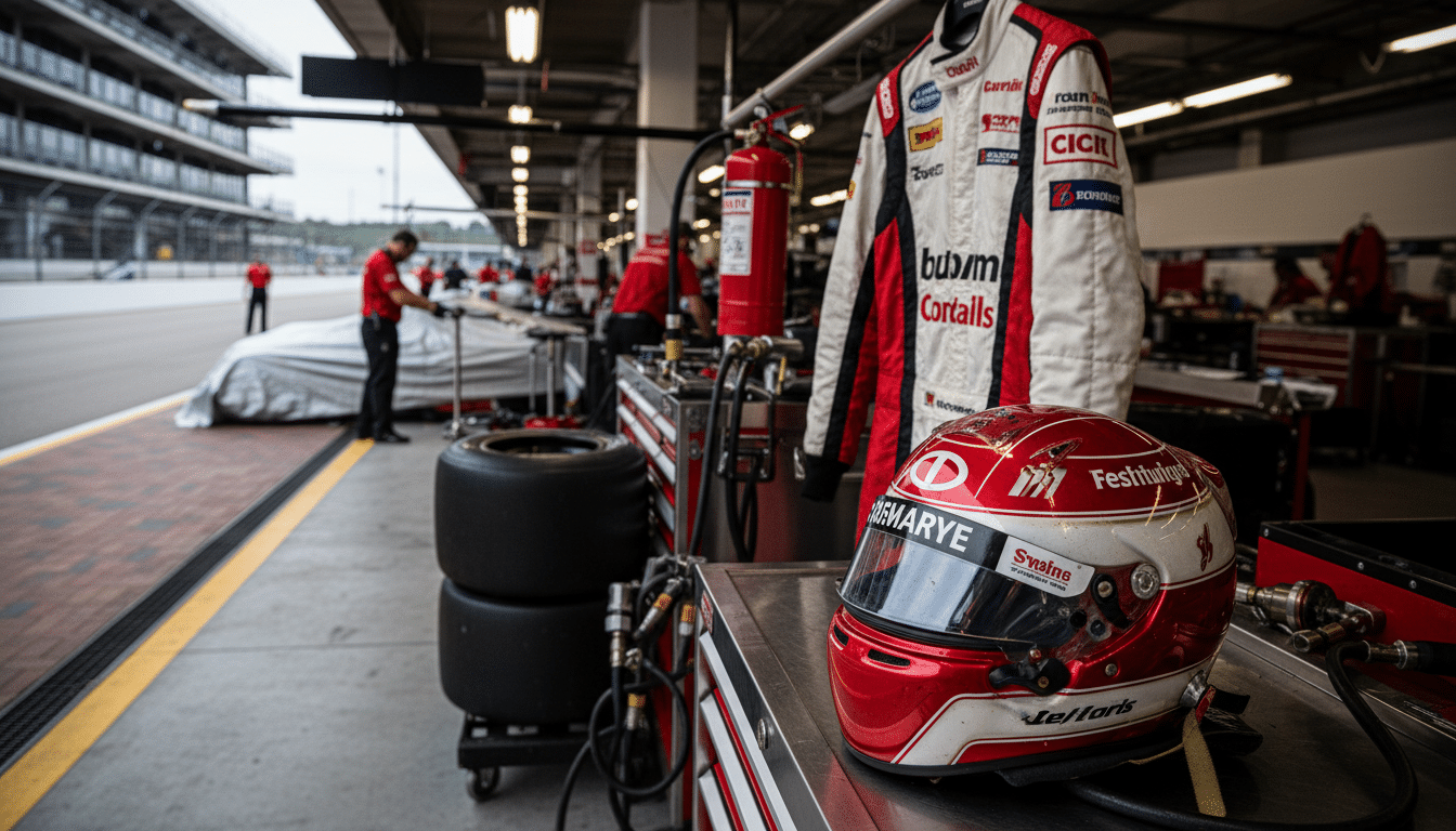 Combinaison et casque de pilote dans les stands d'Indianapolis