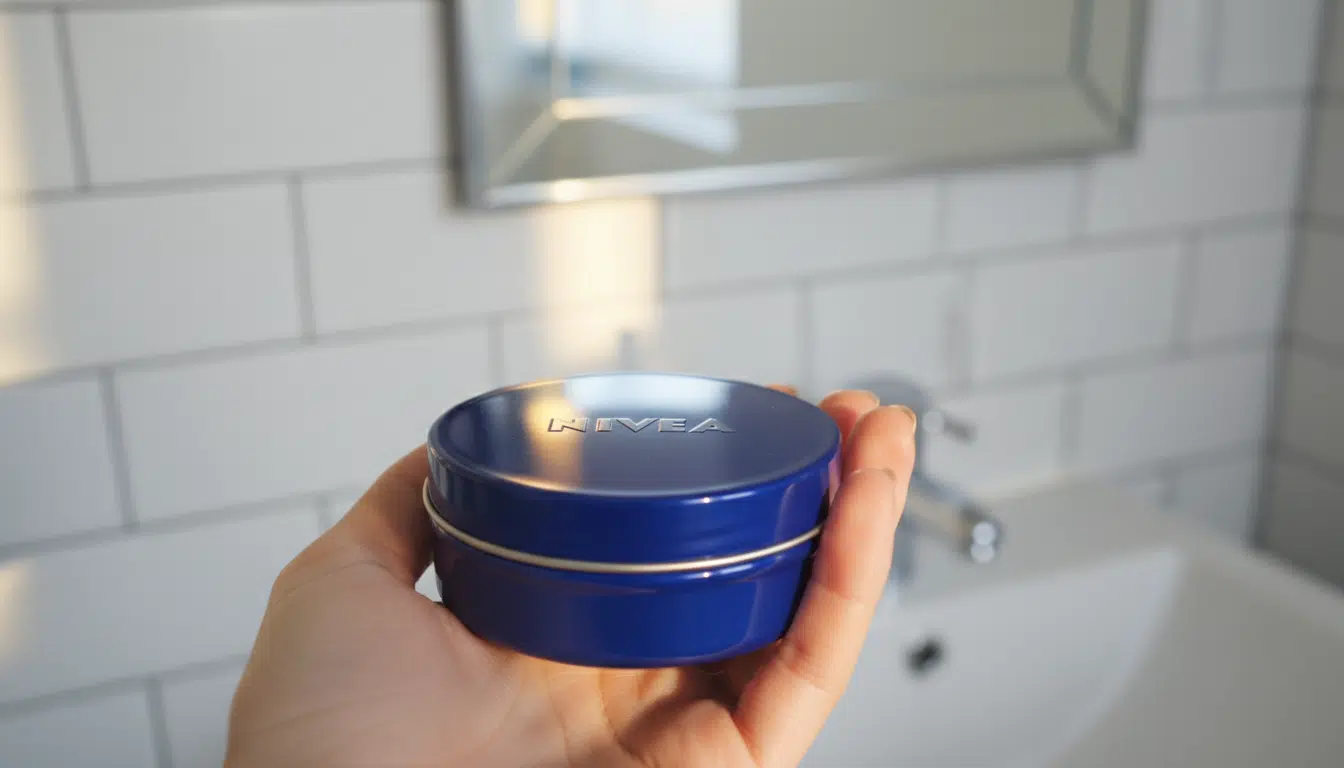 Pot bleu de crème Nivea tenu dans une main