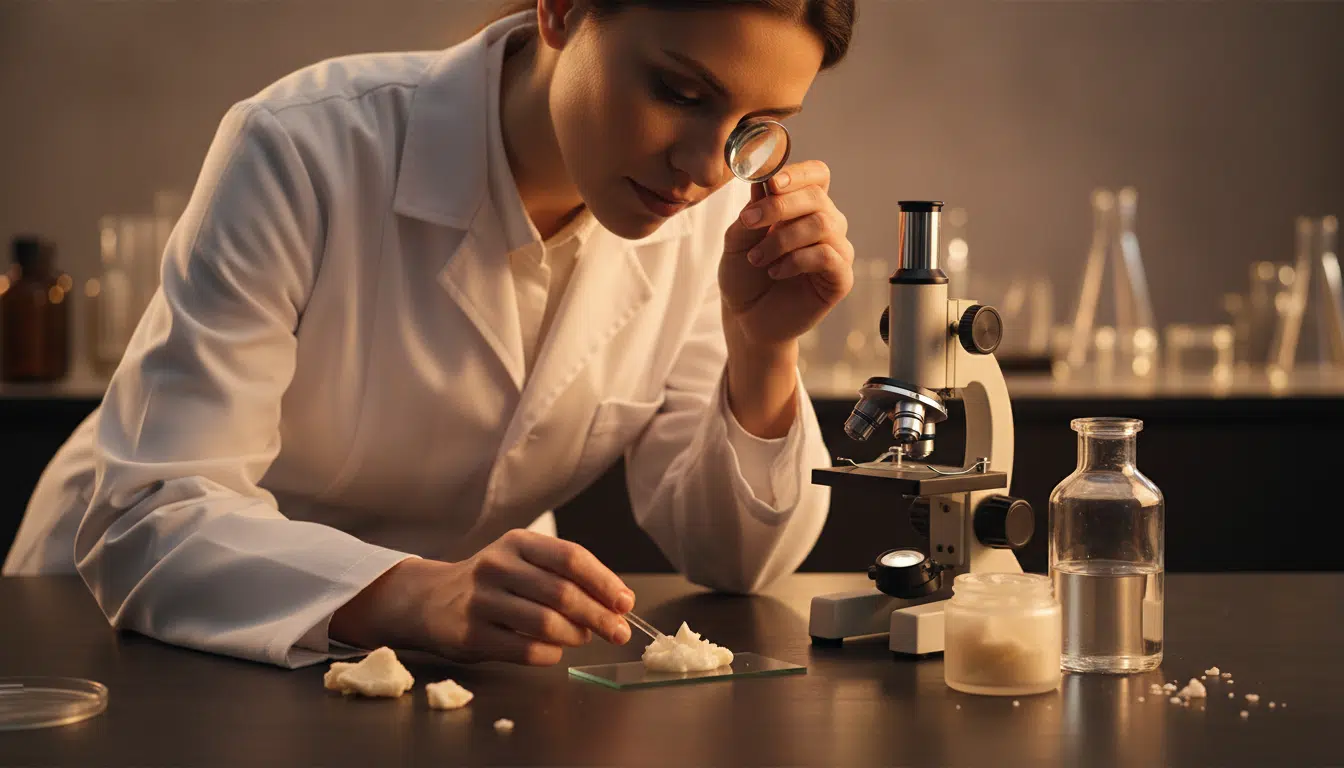 Dermatologue analysant la composition d'une crème hydratante