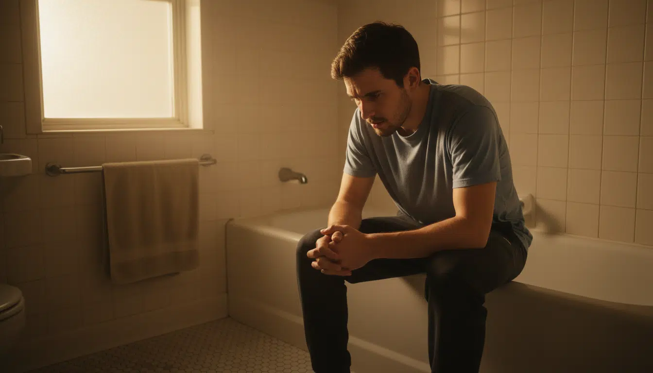 Jeune homme inquiet assis dans une salle de bains