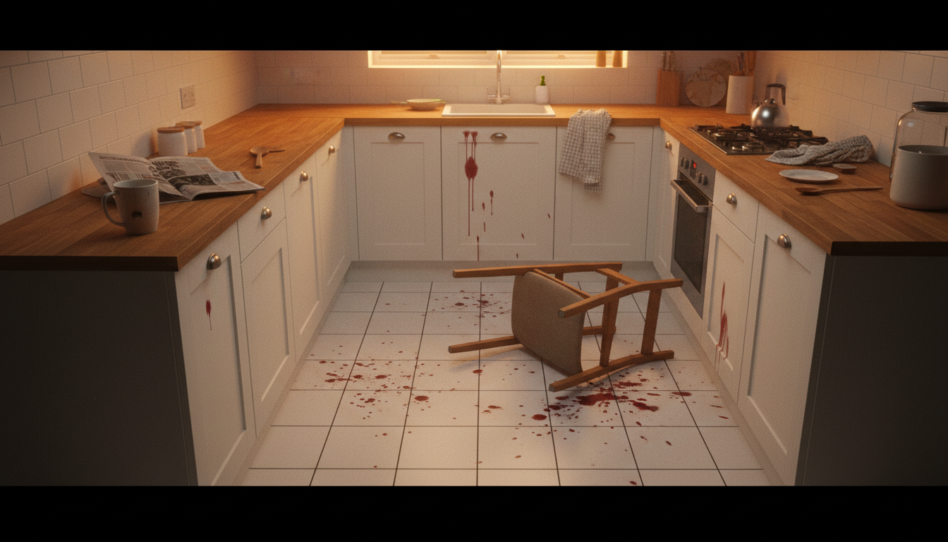 Traces de sang sur le sol d'une cuisine