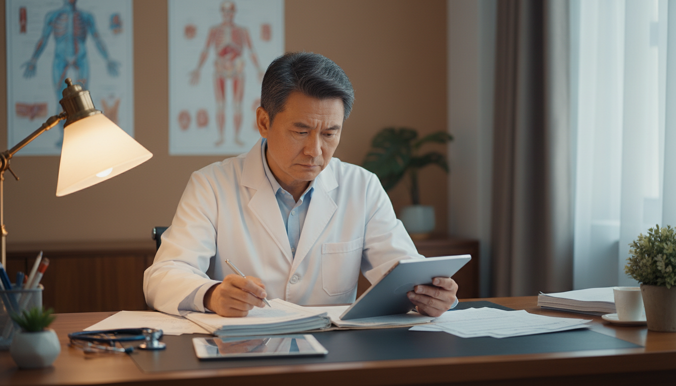 Médecin examinant un dossier médical en consultation