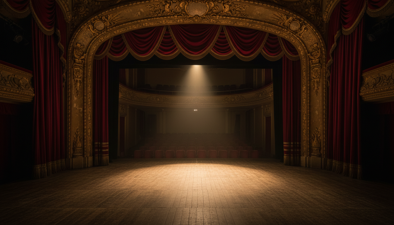 Scène de concert vide des années 60 éclairée d'un seul spot doré
