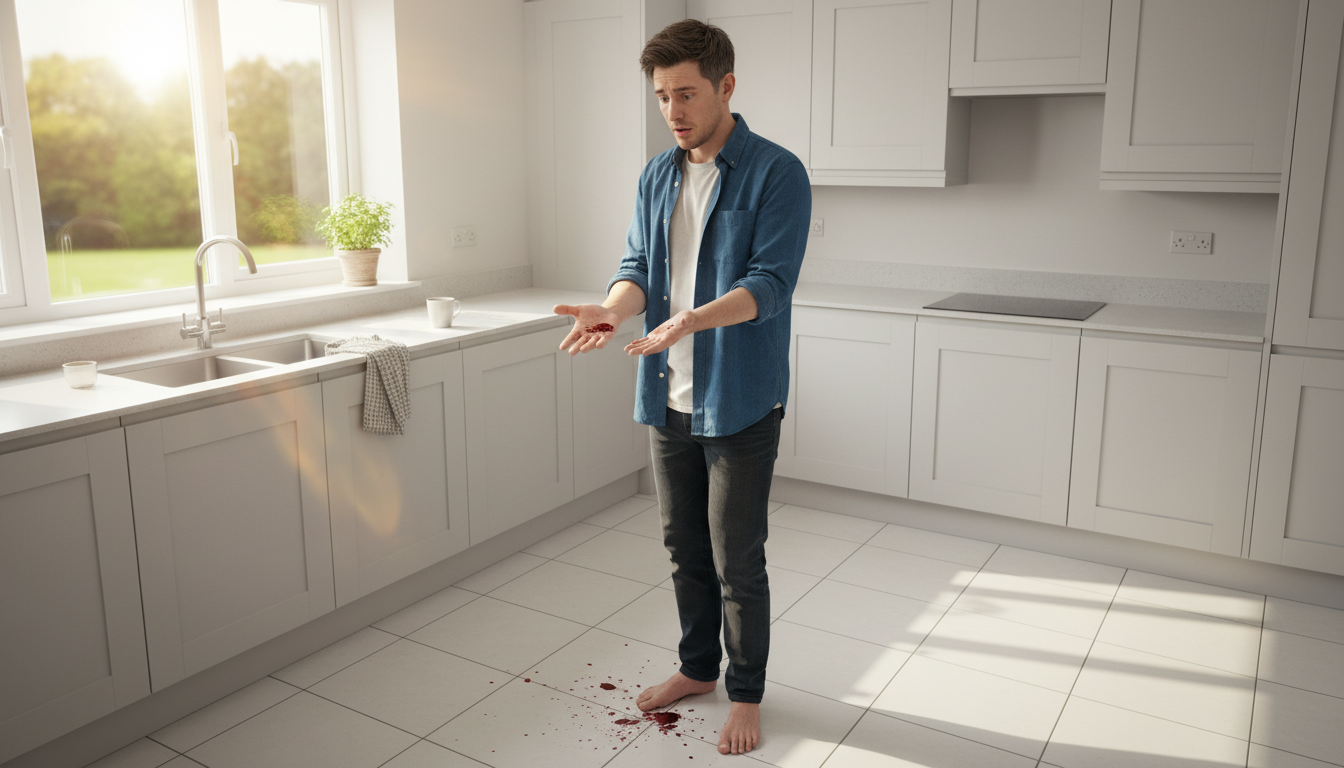 Jeune homme choqué découvrant du sang dans sa cuisine
