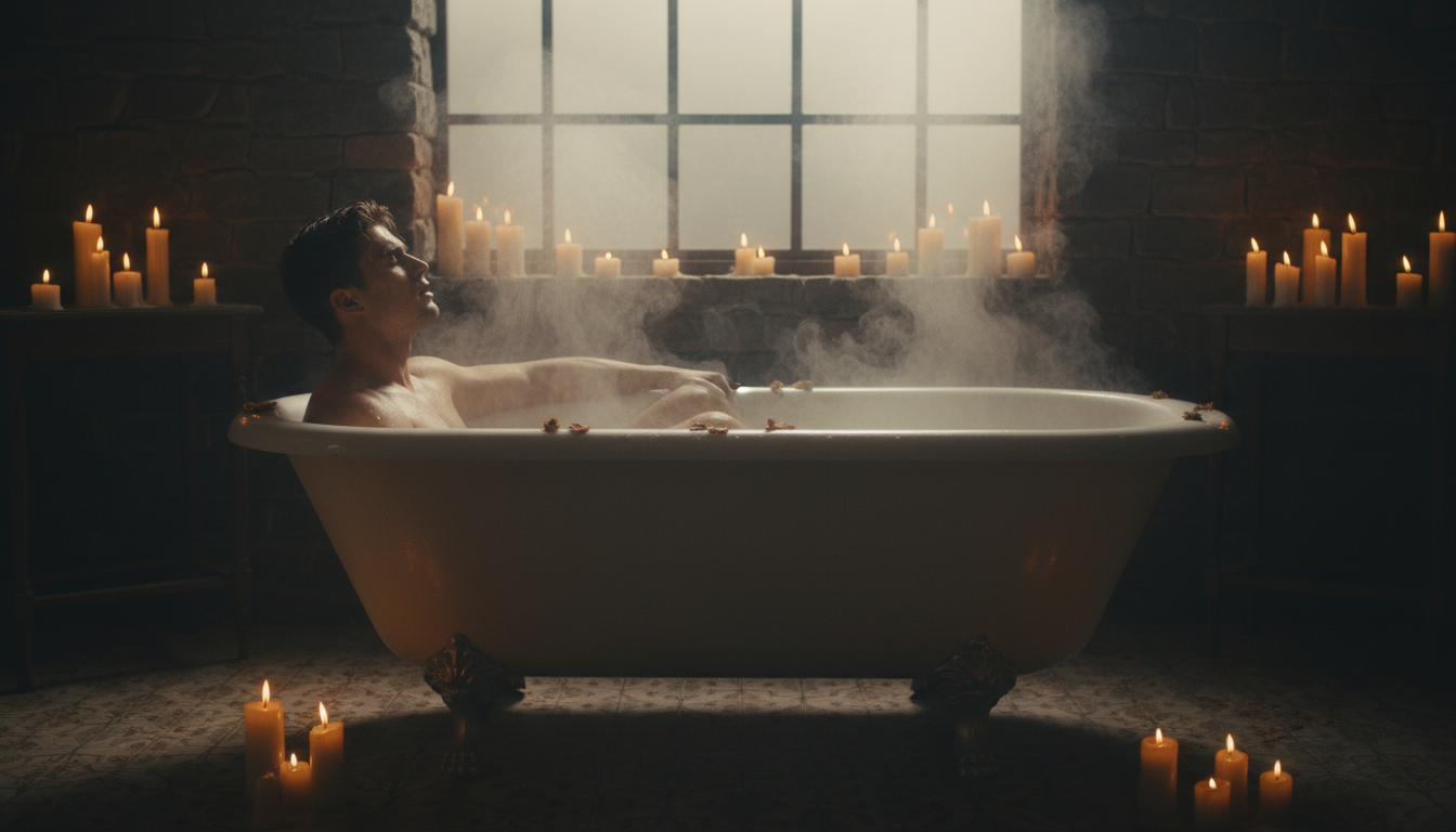 Homme épuisé dans un bain chaud pour soulager la douleur