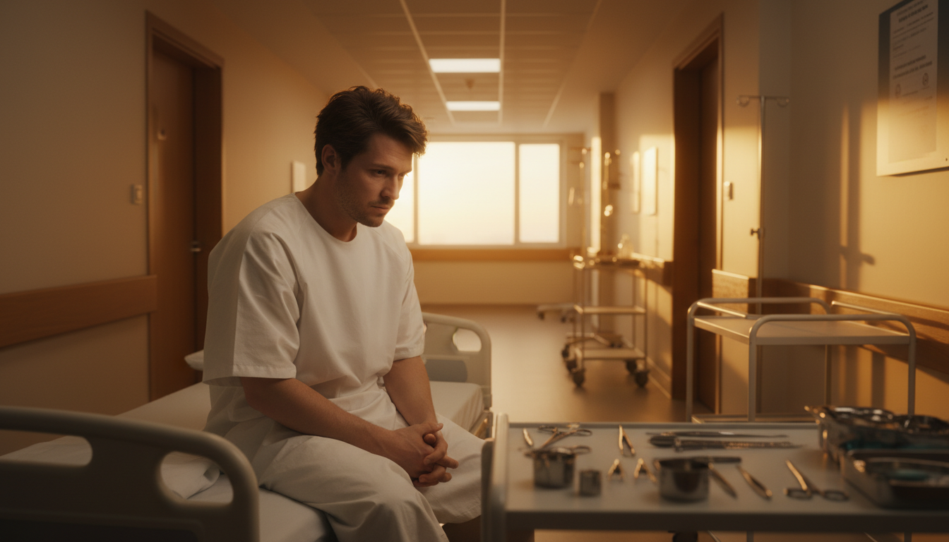 Patient assis sur un lit d'hôpital avant une opération