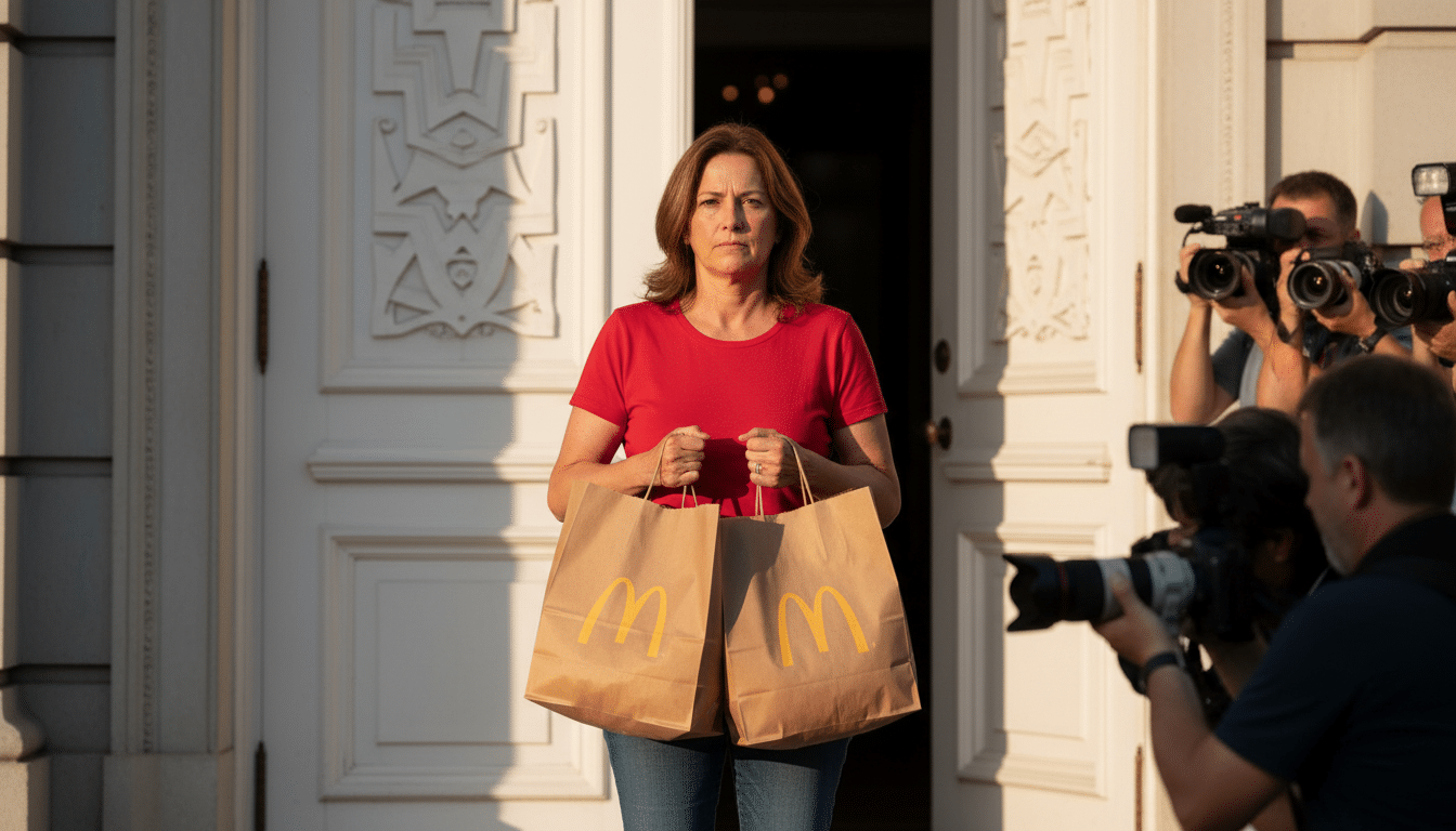 Livreuse en t-shirt rouge avec des sacs McDonald's devant la Maison-Blanche