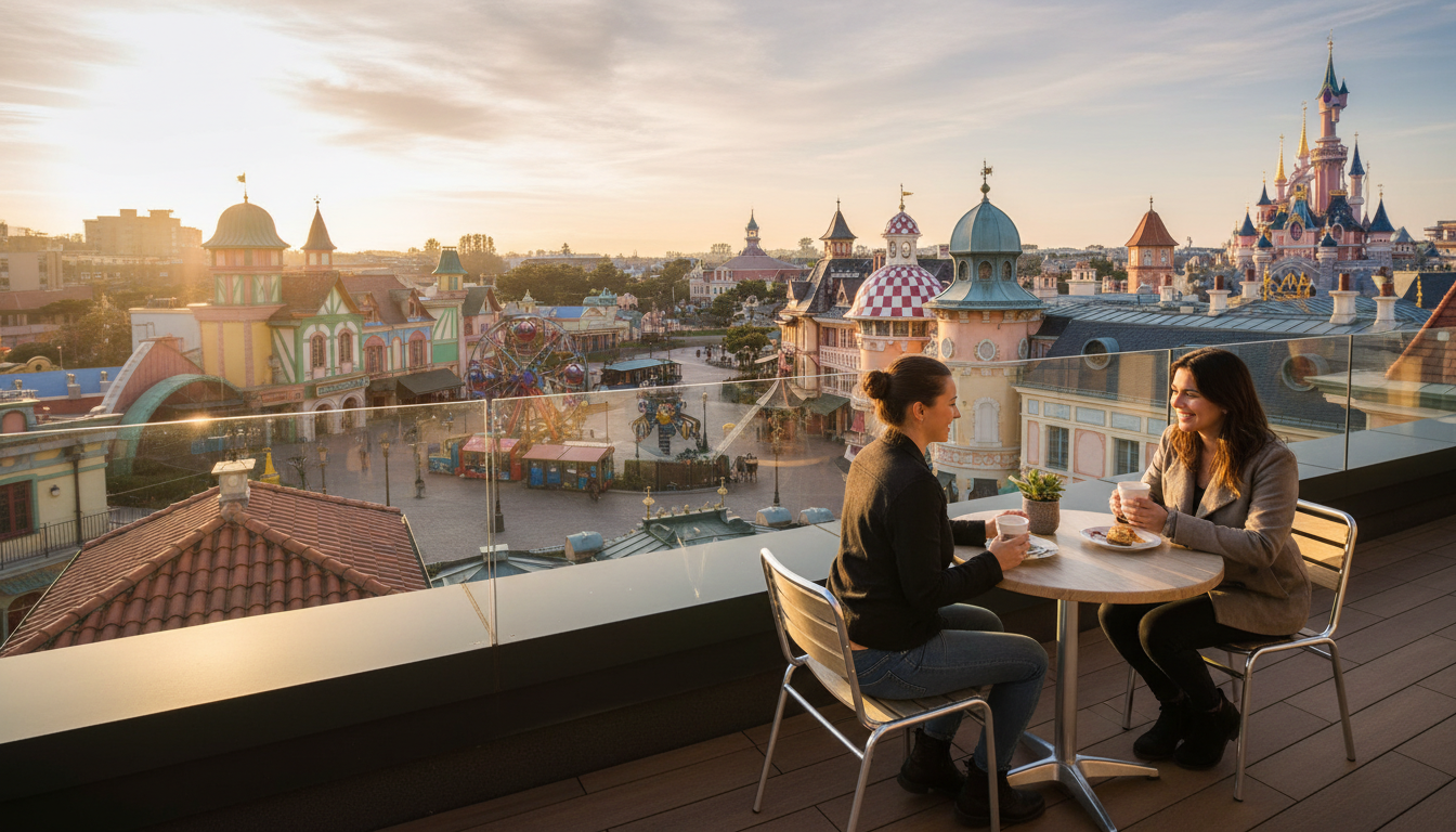 Terrasse avec vue sur Disney Village au dernier étage du McDonald's