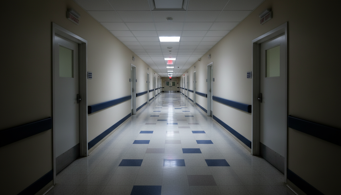 Couloir d'hôpital vide sous lumière froide fluorescente