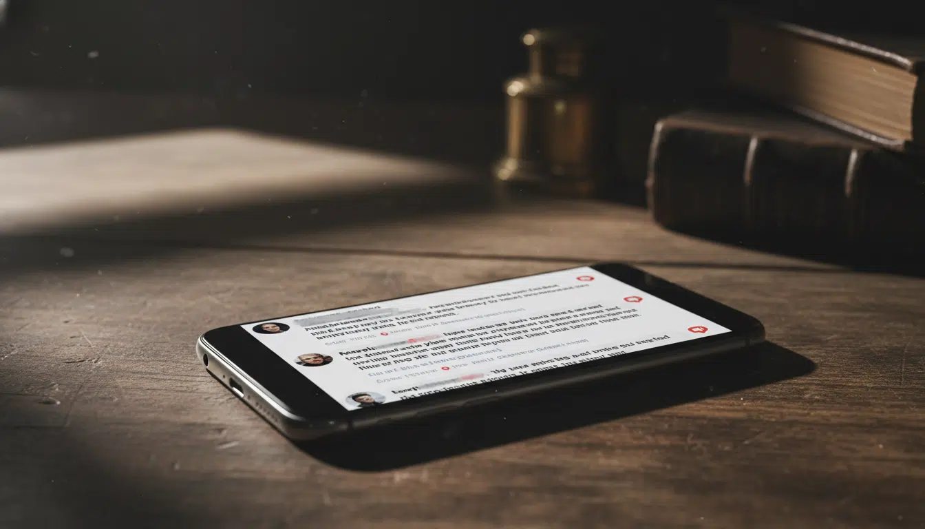 Smartphone affichant des messages haineux sur les réseaux sociaux, posé sur un bureau en bois