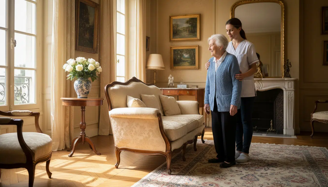 Aide à domicile accompagnant une personne âgée handicapée