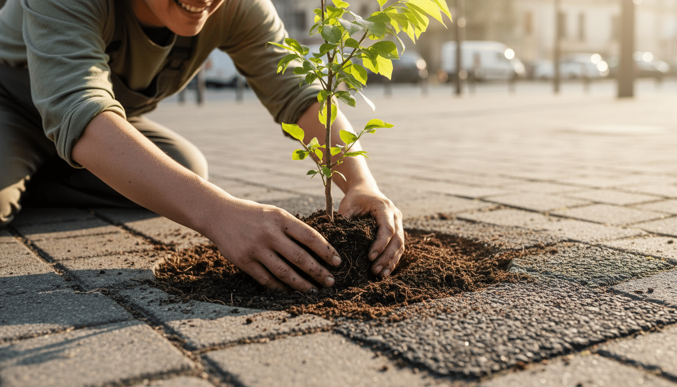 Jardinier plantant un arbre sur un trottoir urbain