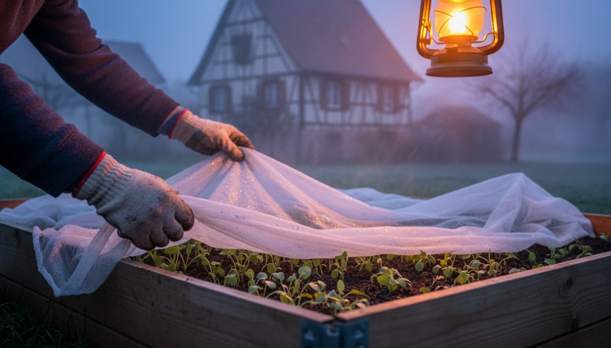 jardinier protégeant ses plants du gel en Alsace