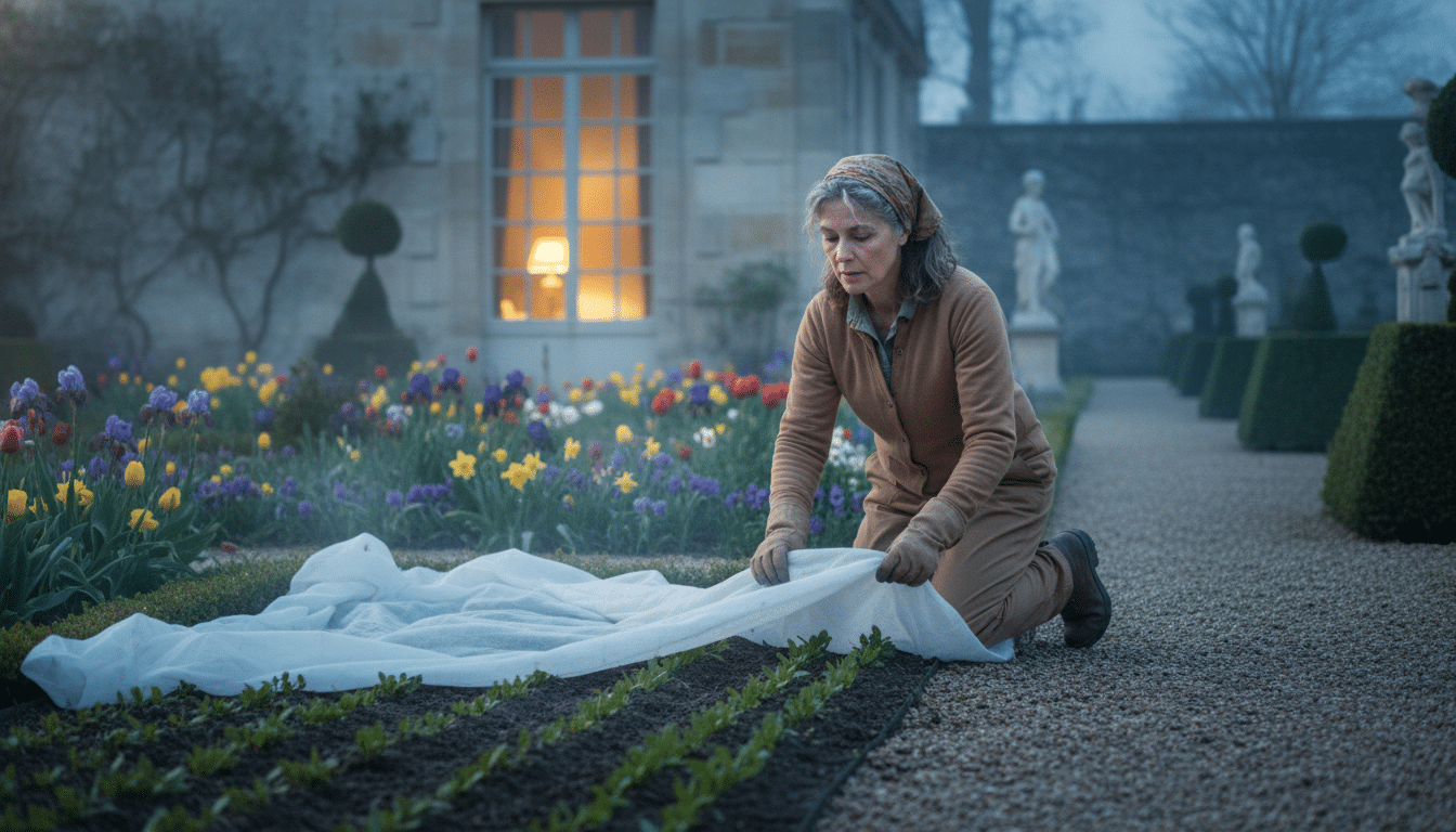 Jardinière protégeant ses plants du gel nocturne au printemps