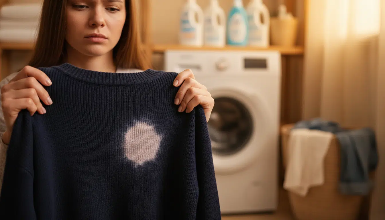 Pull foncé avec tache de Javel visible tenu par une femme