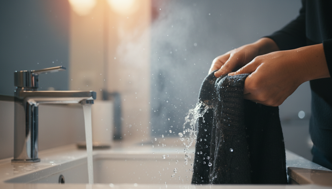 Rinçage d'un pull à l'eau froide sous le robinet