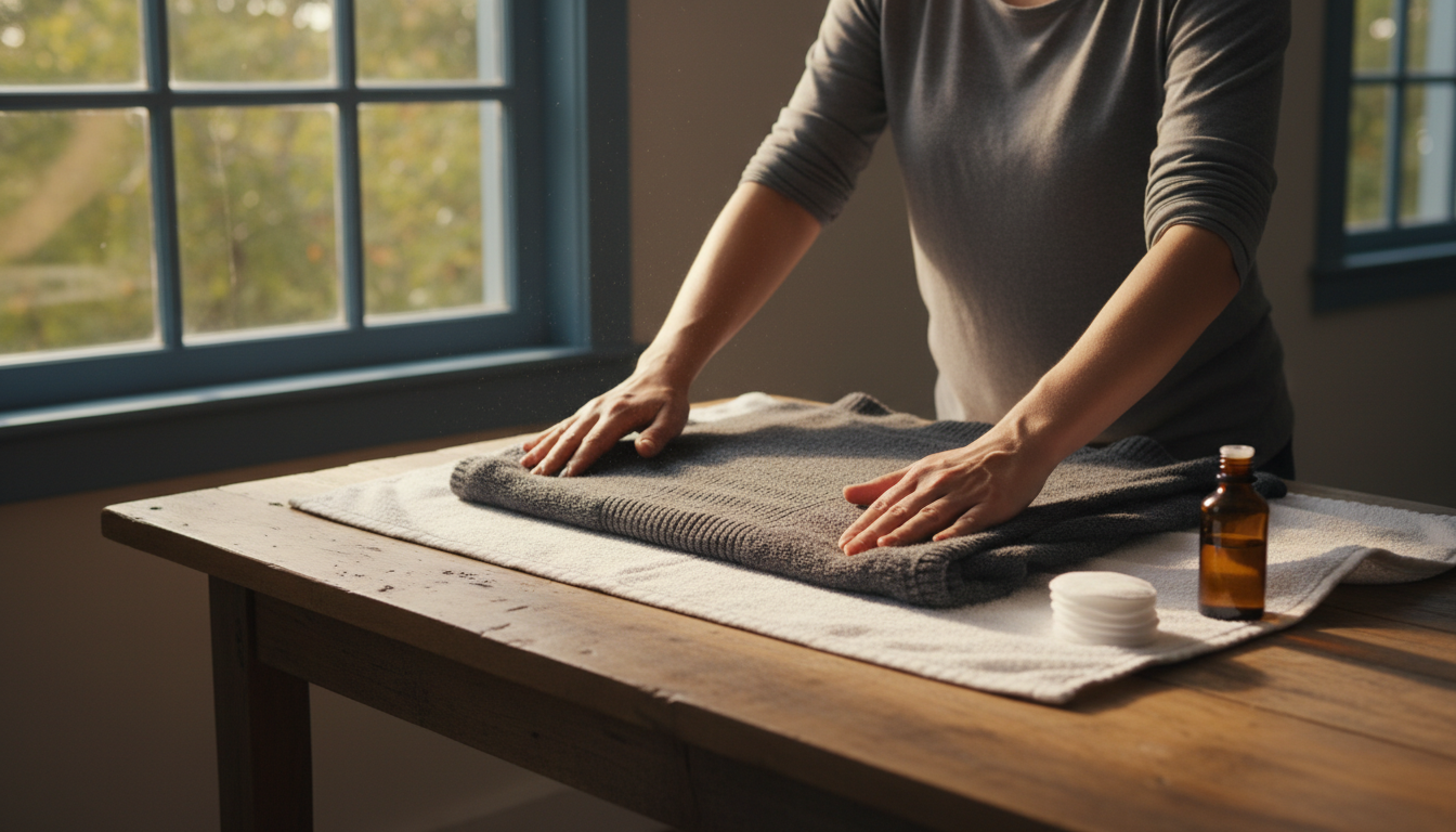 Pull posé à plat avec eau oxygénée et coton pour neutraliser la Javel