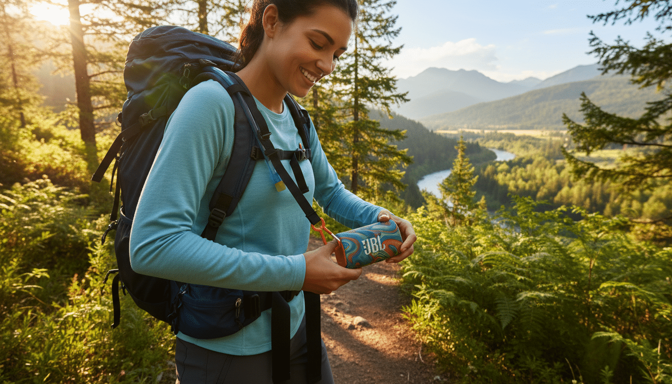 Enceinte JBL Flip 7 accrochée à un sac à dos