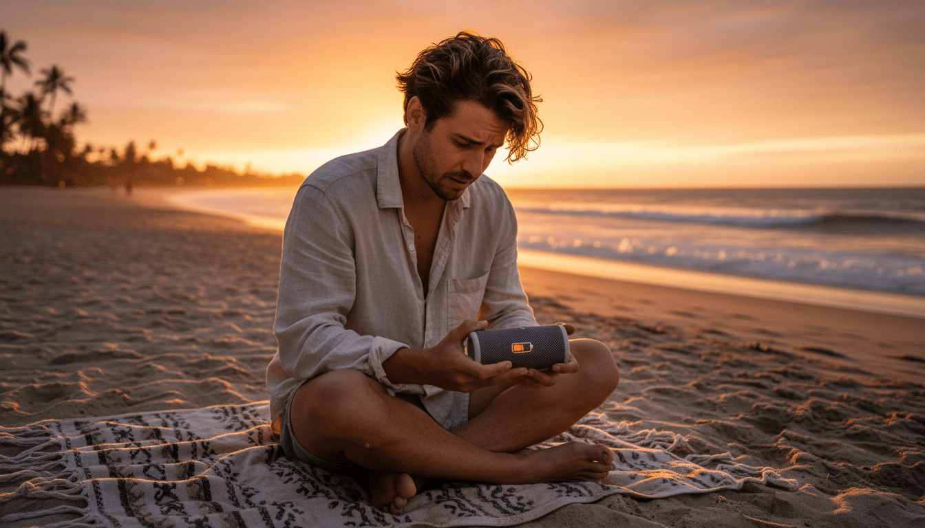 Batterie faible sur une enceinte portable à la plage