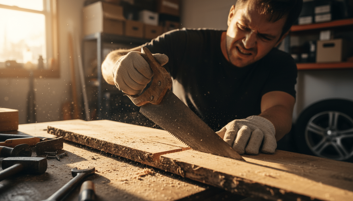 Mains tenant une vieille scie usée sur un établi