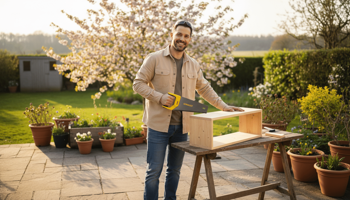 Bricoleur souriant tenant une scie Stanley sur sa terrasse