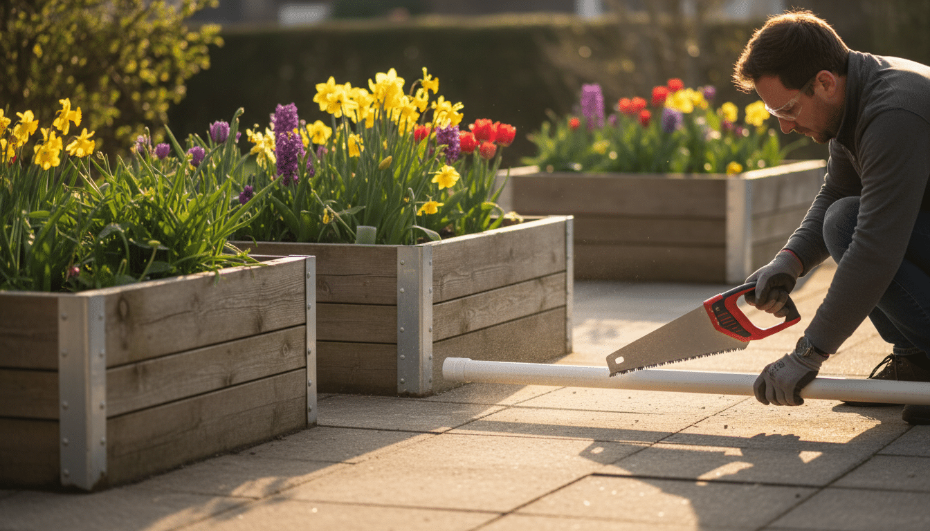 Découpe d'un tuyau PVC à la scie sur une terrasse ensoleillée