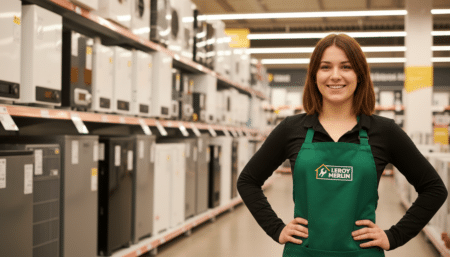 Jeune femme en tablier Leroy Merlin dans un rayon chauffage