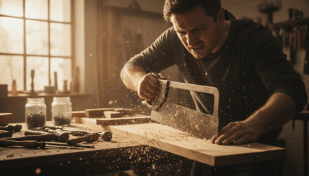 Bricoleur en difficulté avec une vieille scie sur une planche