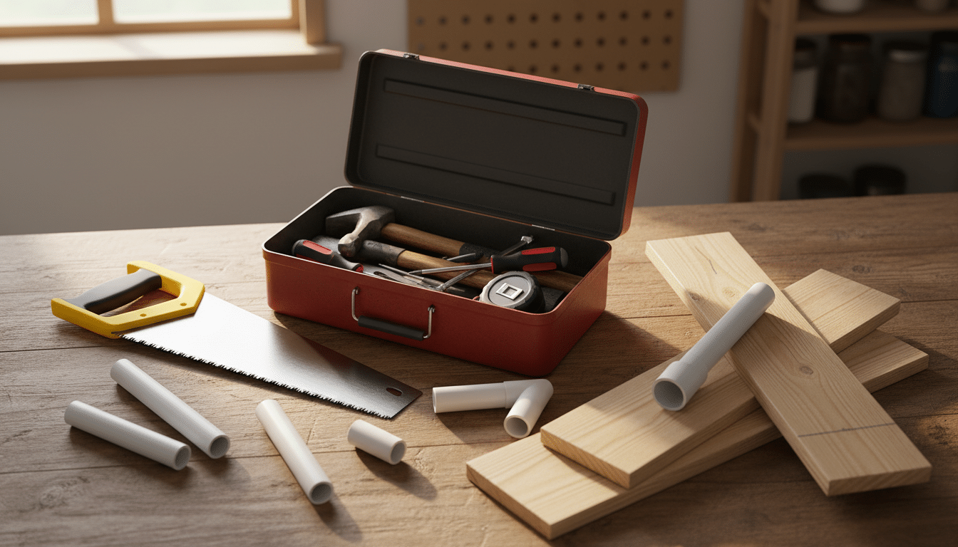 Scie Stanley posée à côté d'une boîte à outils et de matériaux