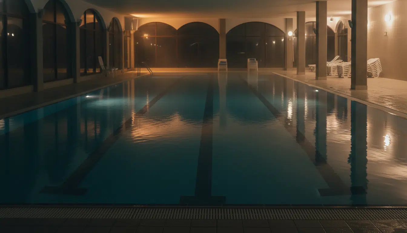 Une piscine vide et silencieuse la nuit, évoquant le lieu du dramatique accident de Nadia Farès